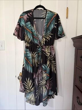 SHEIN Black Tropical Leaf Swim Coverup with Teal, Pink & Tan Print